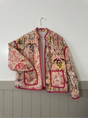 Quilted Floral Boho Jacket in Pink and Cream